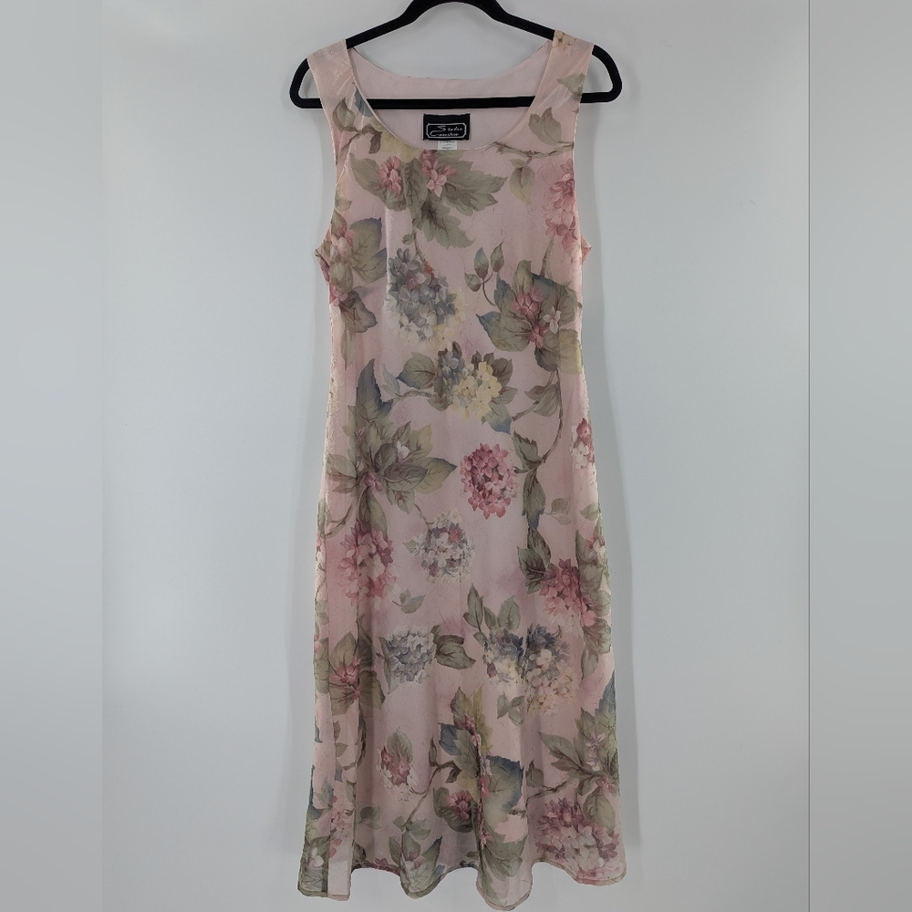 VTG Studio Connection Floral Midi Dress Pink Sheer Overlay Sleeveless 14 Pastel